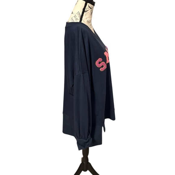 Navy Smile Graphic Sweatshirt Sequin Accent Oversized 3/4 Sleeves Blue Size M - Picture 2 of 6